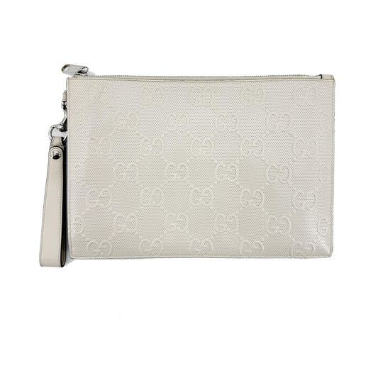 Gucci Wristlet GG Embossed Perforated Leather, White, Leather, Clutch