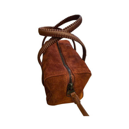 Brandsamsara Kallista brown suede leather handbag with braided handles and a detachable crossbody strap
