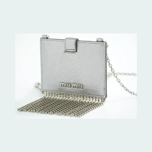 Miu Miu Madras Card Holder with crystal fringe leather, Silver, Leather, Card Holder