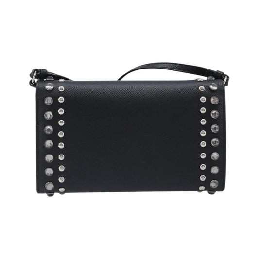 Prada Flap Studded Saffiano Leather, Black, Leather, Crossbody Bag