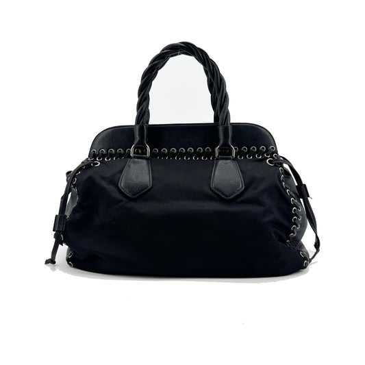 Prada Whipstitch Frame Satchel Tessuto and Leather, Black, Nylon, Handbag