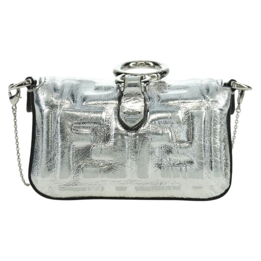 Fendi Chain Baguette Charm Bag Zucca Embossed Leather, Silver, Canvas, Clutch
