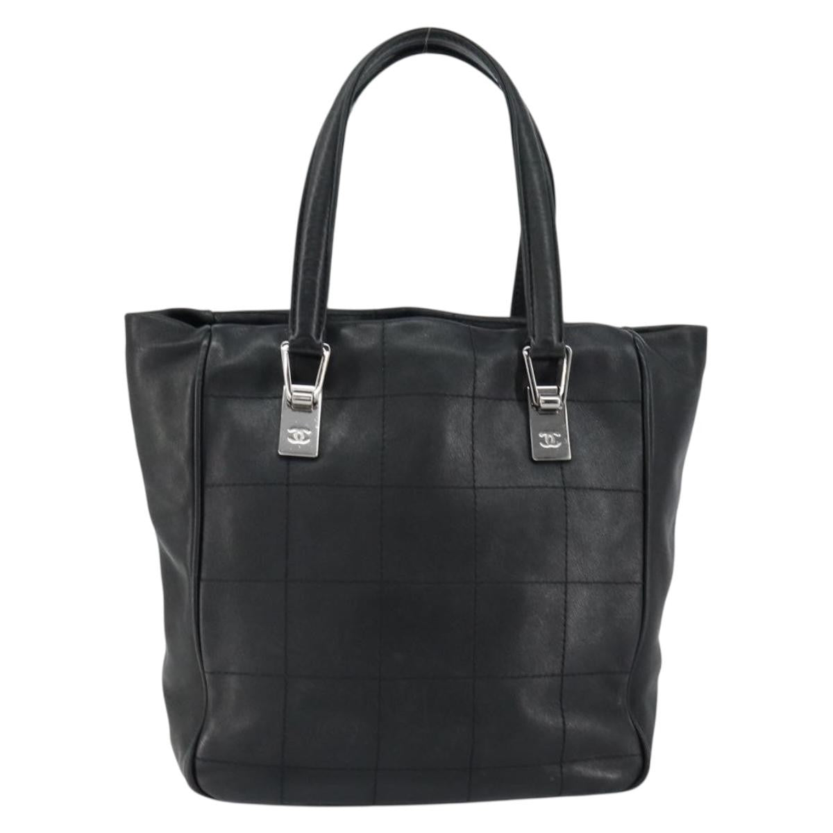 Chanel Square Stitch Tote Quilted Leather, BLACK, LEATHER, Tote bag