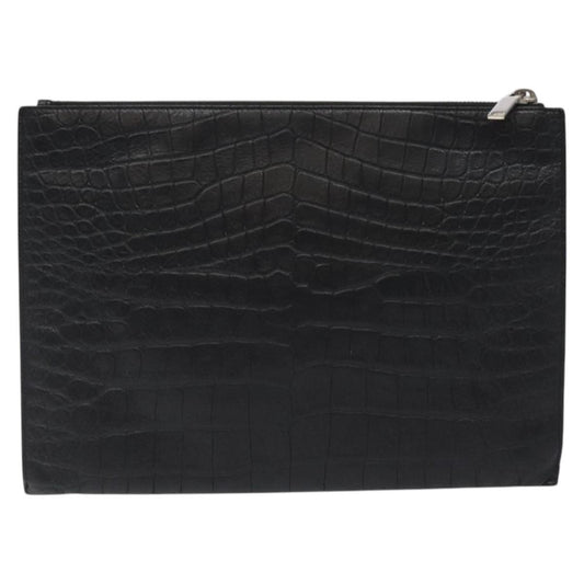 Saint Laurent Classic Monogram Zip Pouch Crocodile Embossed Leather, BLACK, LEATHER, Clutche & pouche