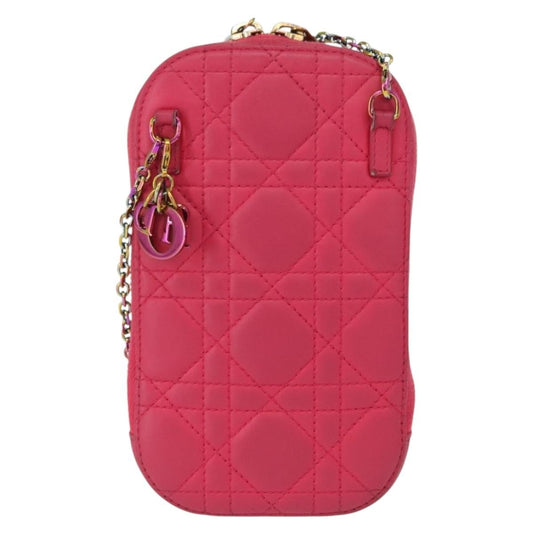 Christian Dior Lady Dior Phone Holder on Chain Cannage Quilt Lambskin, Pink, Leather, Clutch