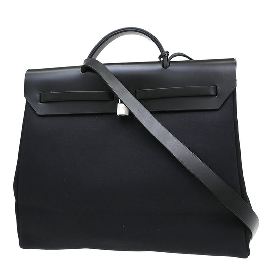 Hermes Herbag Cabas Toile and Leather, Black, Canvas, Handbag