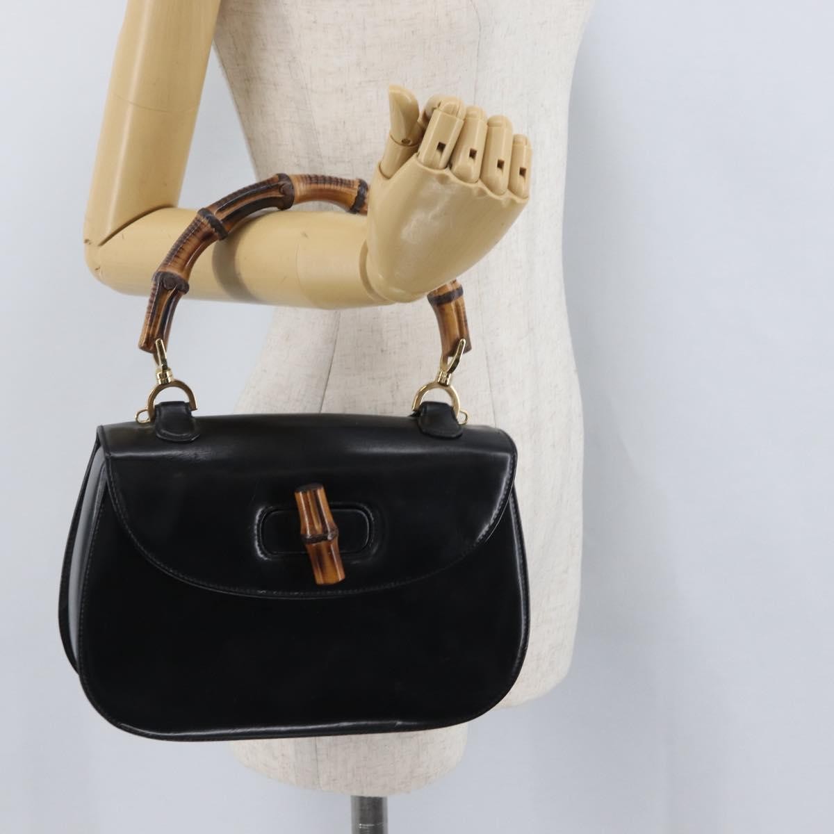Gucci Vintage Convertible Bamboo Top Handle Bag Leather, Black, Leather, Handbag