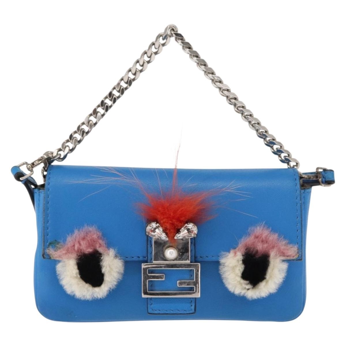 Fendi Monster Baguette Leather and Fur, BLUE, LEATHER, Handbag