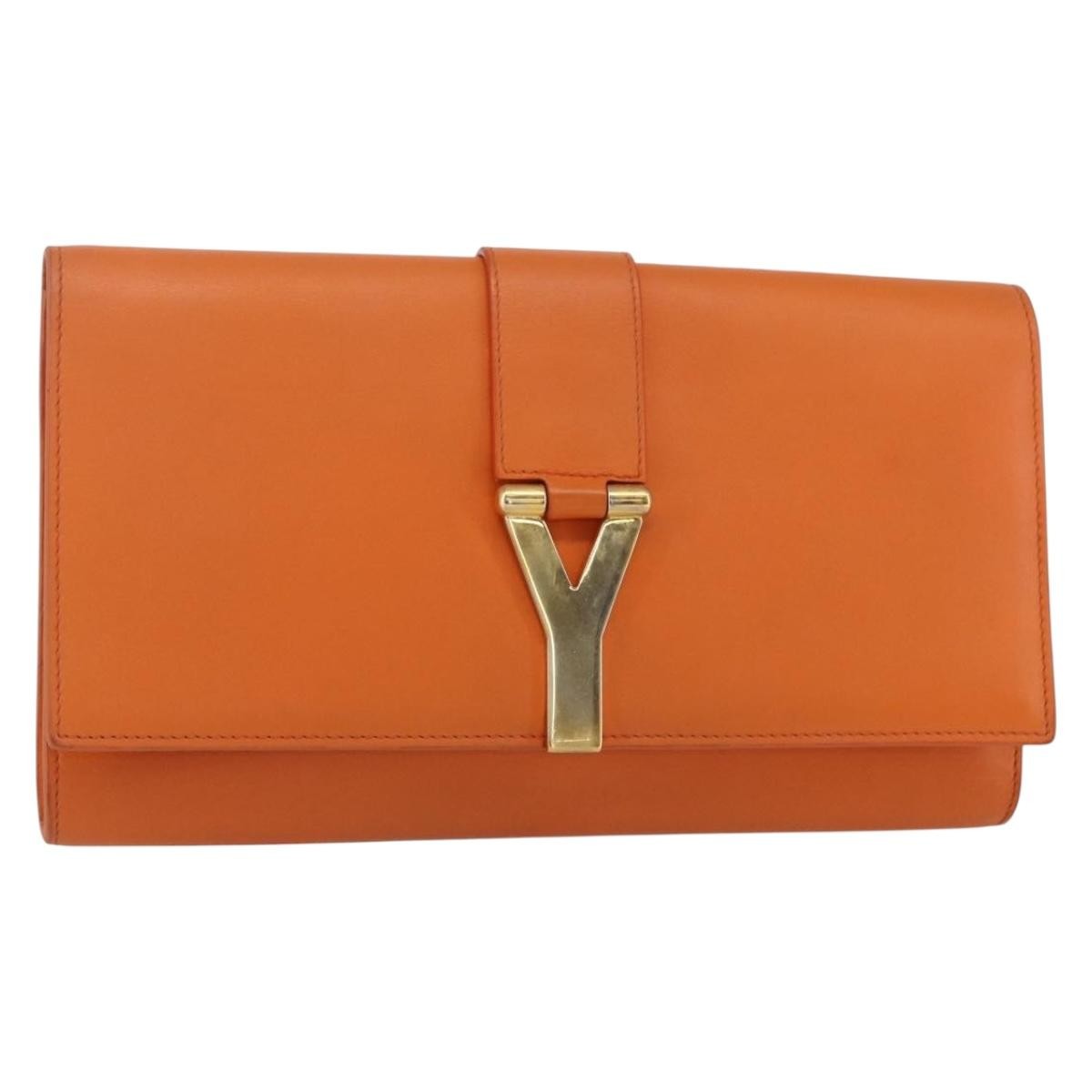 Saint Laurent Chyc Clutch Leather, ORANGE, LEATHER, Clutche & pouche
