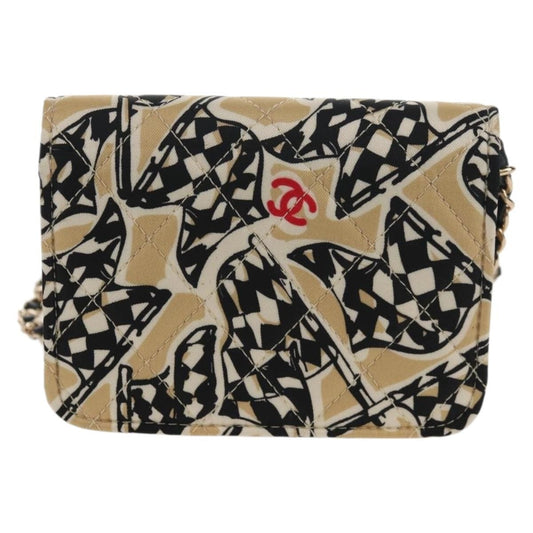 Chanel Flap Card Holder on Chain Quilted Printed Canvas, Beige, Satin, Clutch