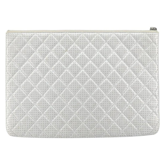 Chanel O Case Clutch Quilted Perforated Lambskin, SILVER, LEATHER, Clutche & pouche
