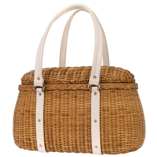 Salvatore Ferragamo Basket Gancini Handbag Leather and Wicker, WHITE, LEATHER, Handbag