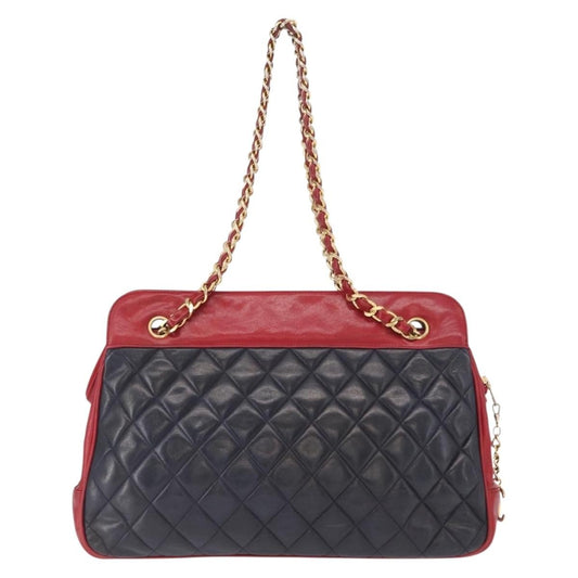 Chanel Vintage Chain Tote Quilted Lambskin, NAVY, LEATHER, Shoulder bag