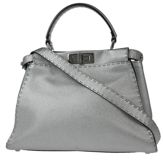 Fendi Selleria Peekaboo Bag Rigid Leather, SILVER, LEATHER, Handbag