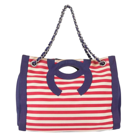 Chanel Mariniere Chain Tote Striped Canvas, NAVY, CANVAS, Tote bag
