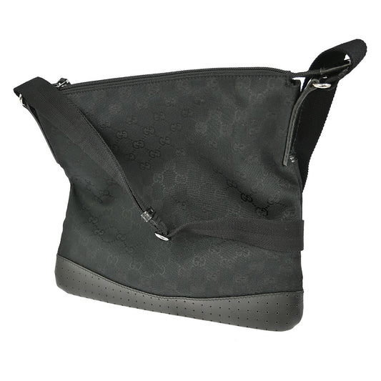 Gucci Zip Messenger Bag GG Canvas with Perforated Leather, BLACK, CANVAS, Shoulder bag