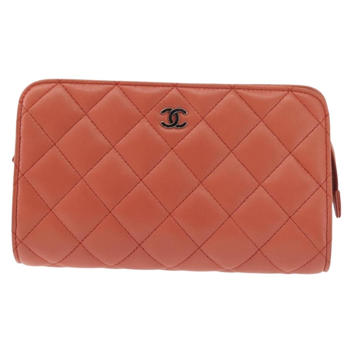 Chanel Classic Double Pocket Zip Pouch Quilted Lambskin, ORANGE, LEATHER, Clutche & pouche