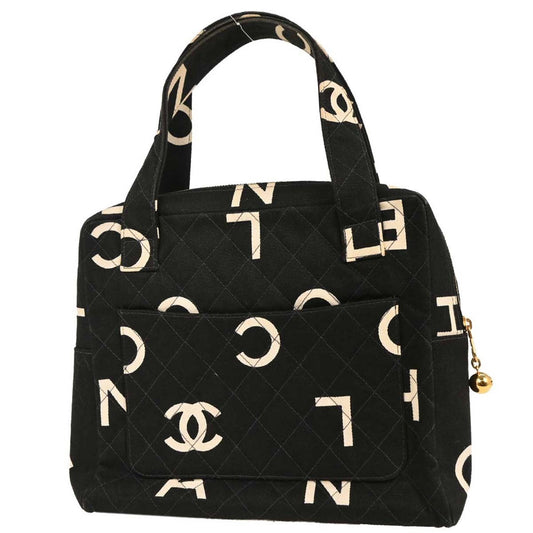 Chanel Vintage Coco Logo Zip Around Handle Bag Quilted Printed Canvas, BLACK, CANVAS, Handbag