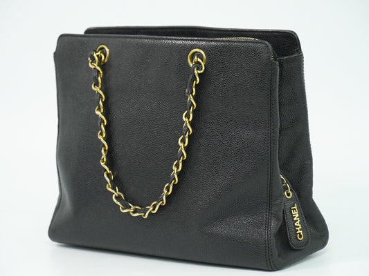 Chanel Vintage Logo Chain Tote Caviar, BLACK, LEATHER, Tote bag