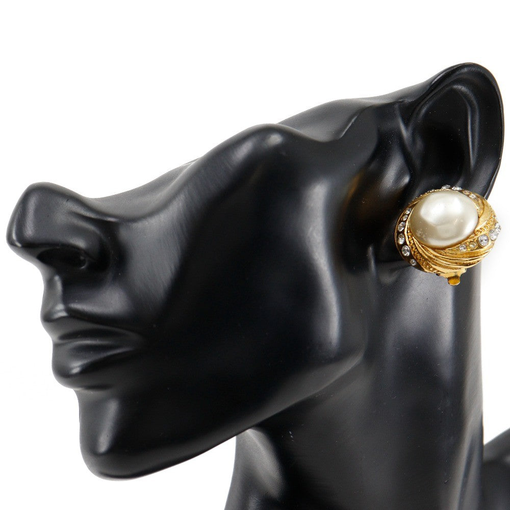 Chanel Vintage Round Clip-On Earrings Metal with Faux Pearl, GOLD, GOLD_PLATED, Earrings