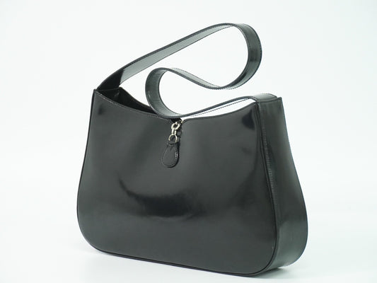 Salvatore Ferragamo Gancini Shoulder Bag Leather, BLACK, PATENT_LEATHER, Shoulder bag