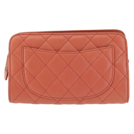 Chanel Classic Double Pocket Zip Pouch Quilted Lambskin, ORANGE, LEATHER, Clutche & pouche