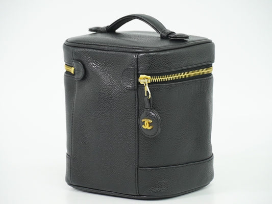Chanel Vintage Timeless Cosmetic Case Caviar, BLACK, LEATHER, Toiletry Case