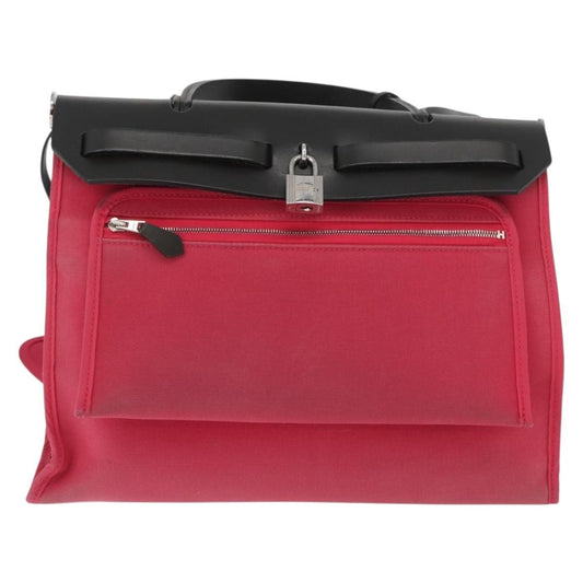 Hermes Herbag Zip Leather and Toile, PINK, CANVAS, Shoulder bag