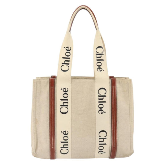 Chloe Woody Tote Canvas with Leather, BEIGE, CANVAS, Tote bag