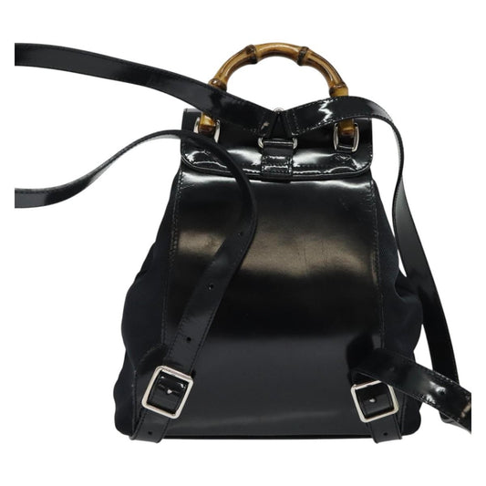 Gucci Vintage Bamboo Backpack Nylon and Patent Leather, BLACK, NYLON, Backpack