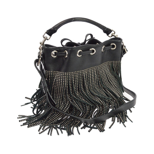 Saint Laurent Fringe Emmanuelle Bucket Studded Leather, Black, Leather, Handbag