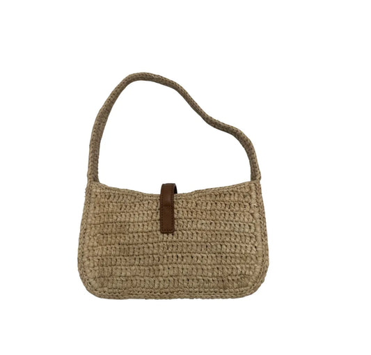 Saint Laurent Le 5 a 7 Hobo Raffia, Beige, Wood, Shoulder Bag