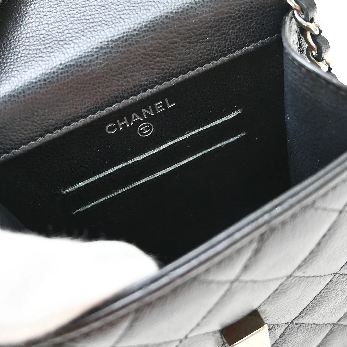 Chanel CC Flap Phone Holder Quilted Caviar, Black, Leather, Shoulder Bag