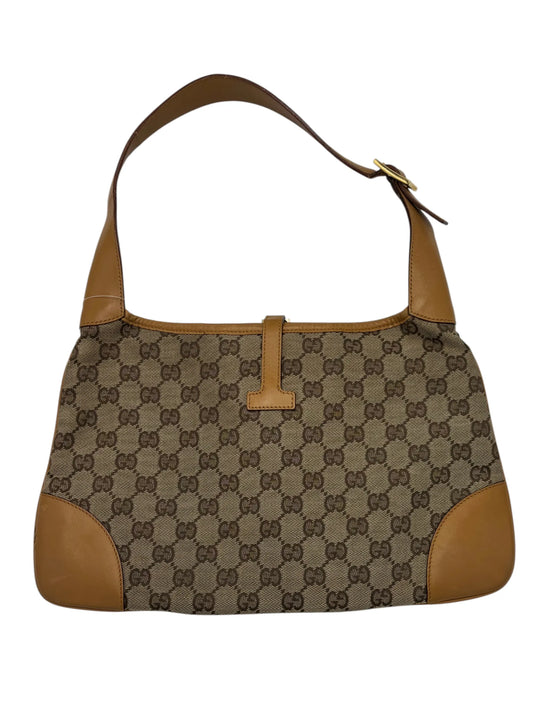 Gucci Vintage Jackie Shoulder Canvas and Leather, Beige, Canvas, Handbag