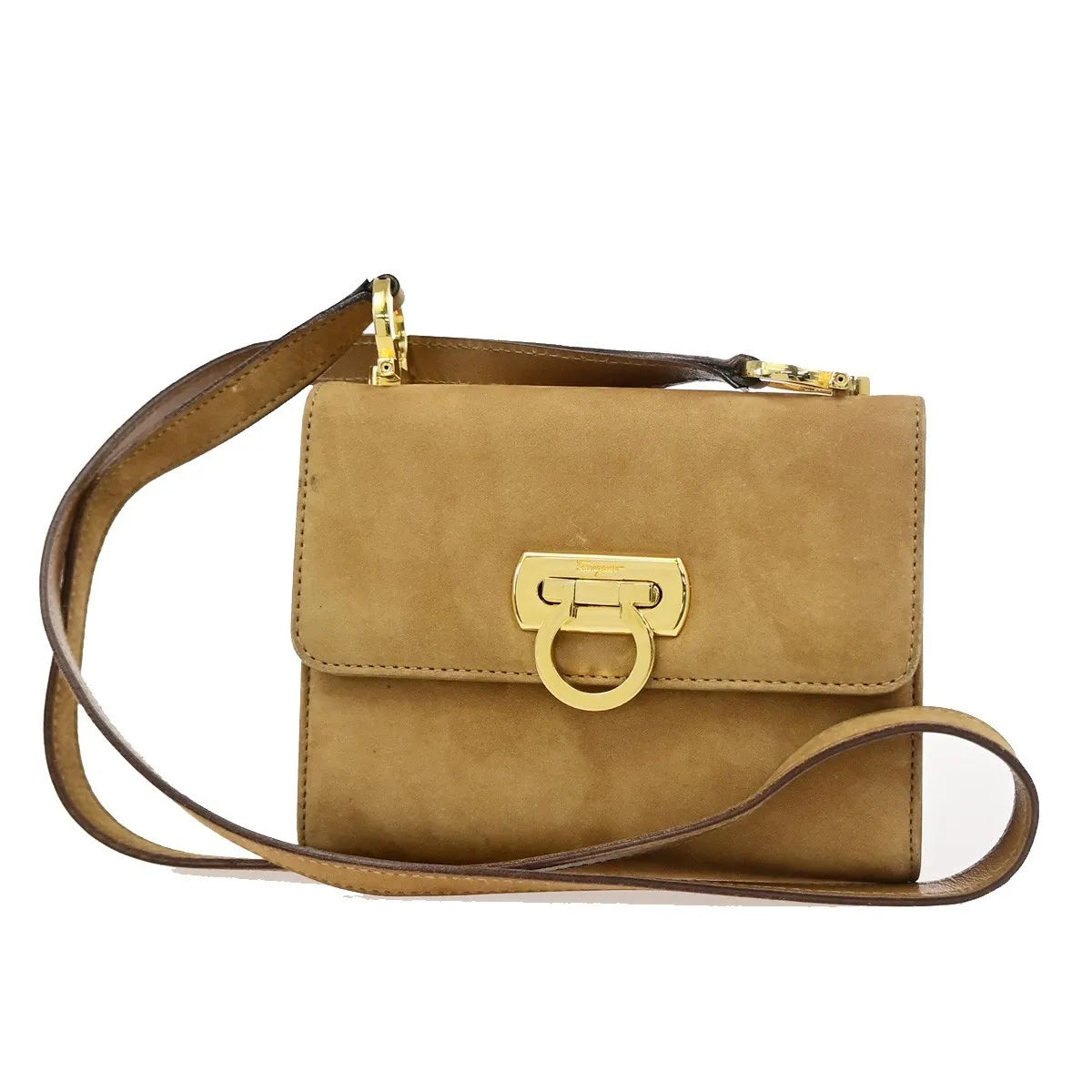 Salvatore Ferragamo Gancini Flap Suede, Beige, Suede, Shoulder Bag