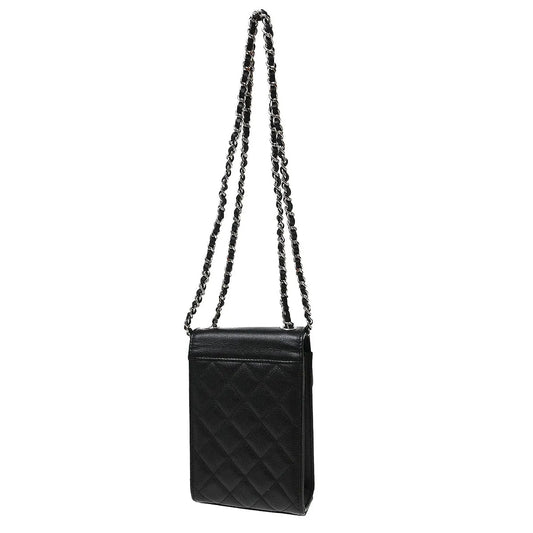 Chanel CC Flap Phone Holder Quilted Caviar, Black, Leather, Shoulder Bag