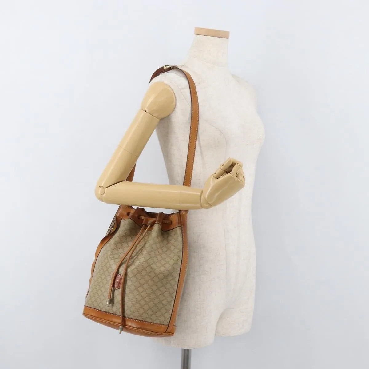 Celine Drawstring Bucket Triomphe Coated Canvas, Beige, Canvas, Handbag
