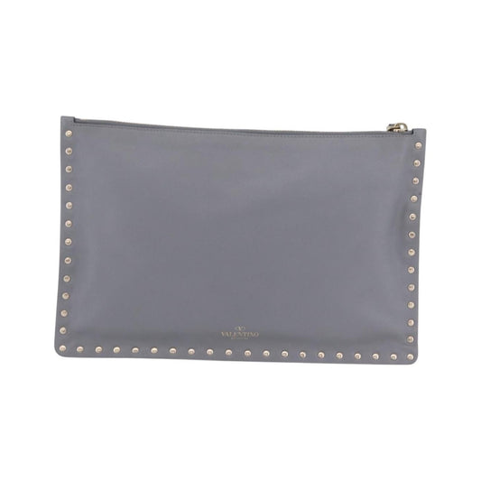 Valentino Garavani Rockstud Pouch Leather, Gray, Leather, Clutch