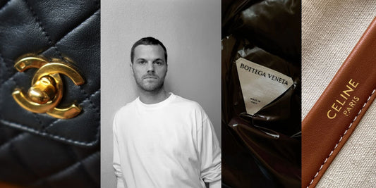 Matthieu Blazy portrait framed by Chanel, Bottega Veneta and Celine leather details