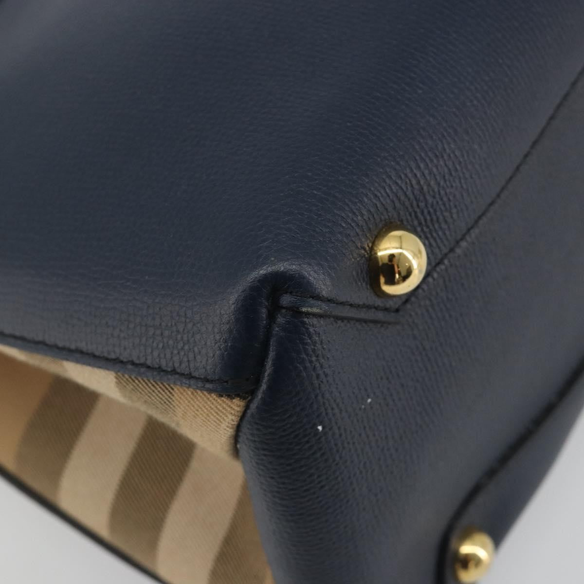Burberry Banner Leather and House Check Canvas, Navy, Leather, Tote Bag