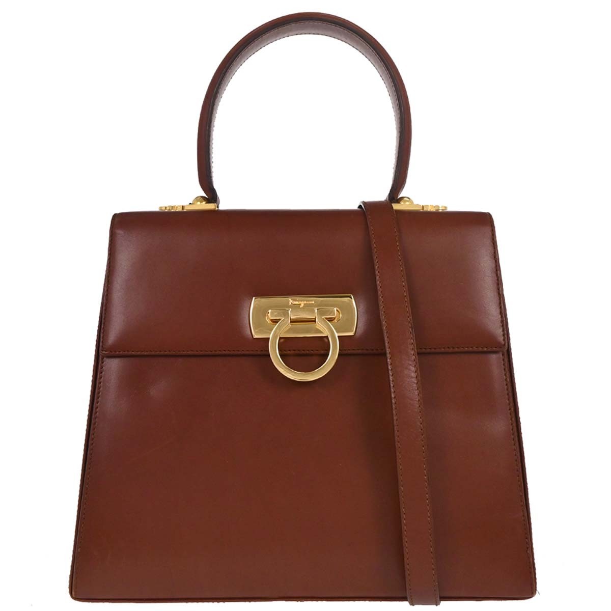Salvatore Ferragamo Gancini Convertible Top Handle Leather, Brown, Leather, Handbag