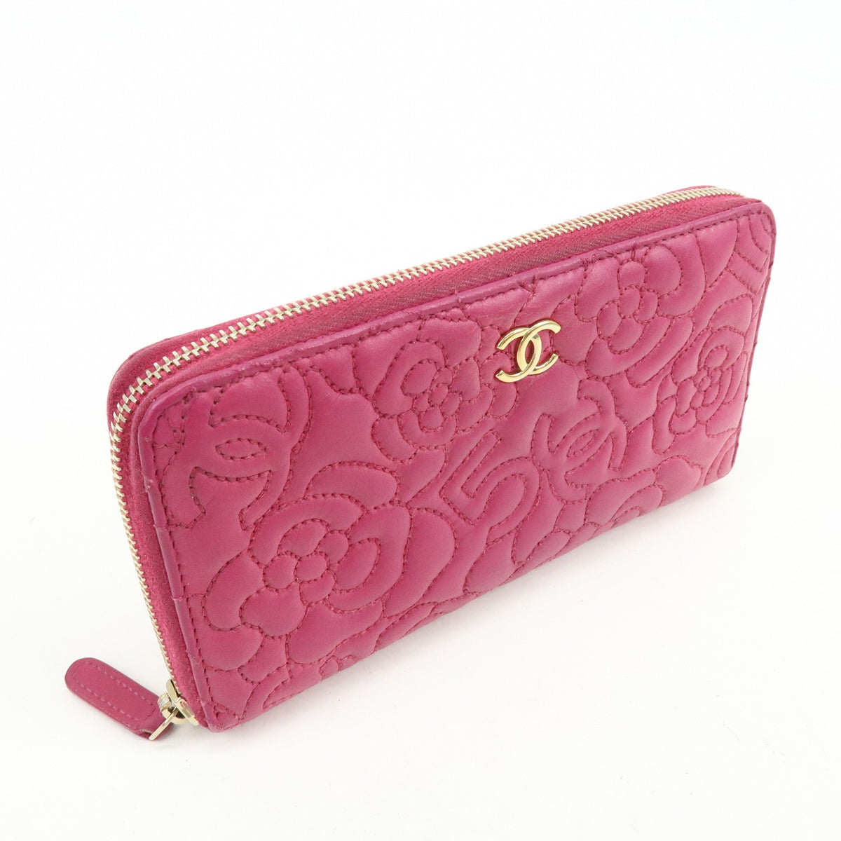 Chanel Zip Around Camellia Patent, Pink, Calfskin, Wallet