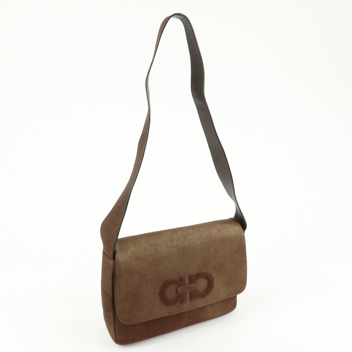 Salvatore Ferragamo Gancini Suede, Brown, Canvas, Crossbody Bag