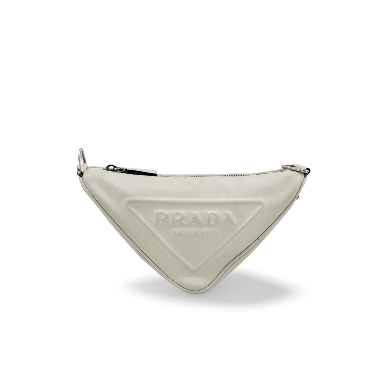 Prada Triangle Logo Zip Leather, White, Leather, Crossbody Bag