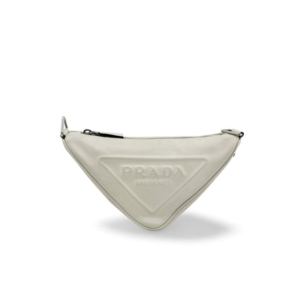 Prada Triangle Logo Zip Leather, White, Leather, Crossbody Bag