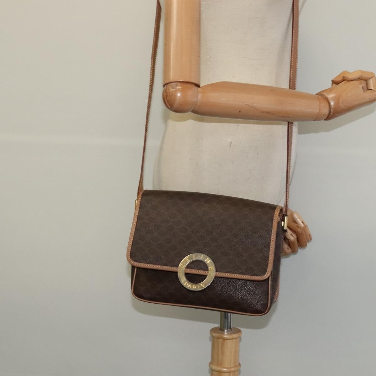 Celine Vintage Macadam Circle Logo Canvas and Leather, Brown, Canvas, Shoulder Bag