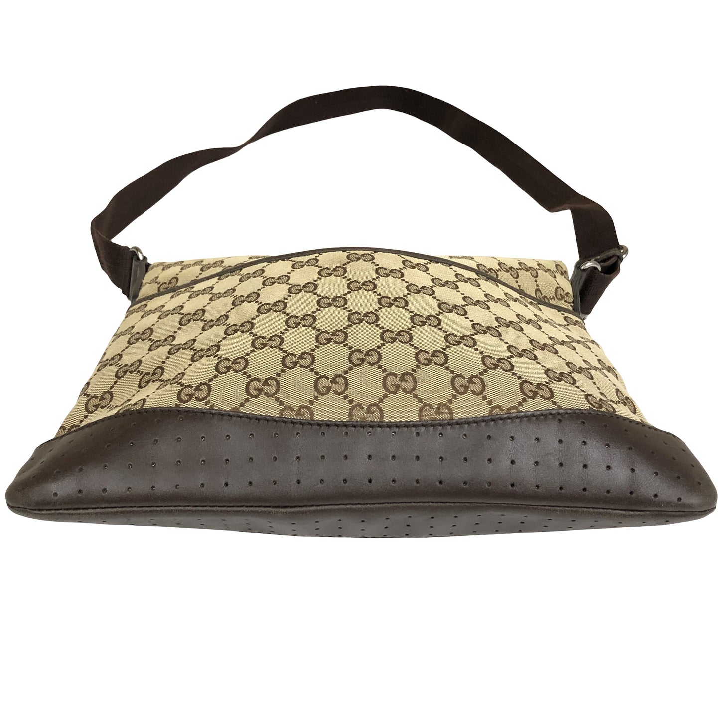 Gucci Zip Messenger GG Canvas with Perforated Leather, Beige, Canvas, Shoulder Bag