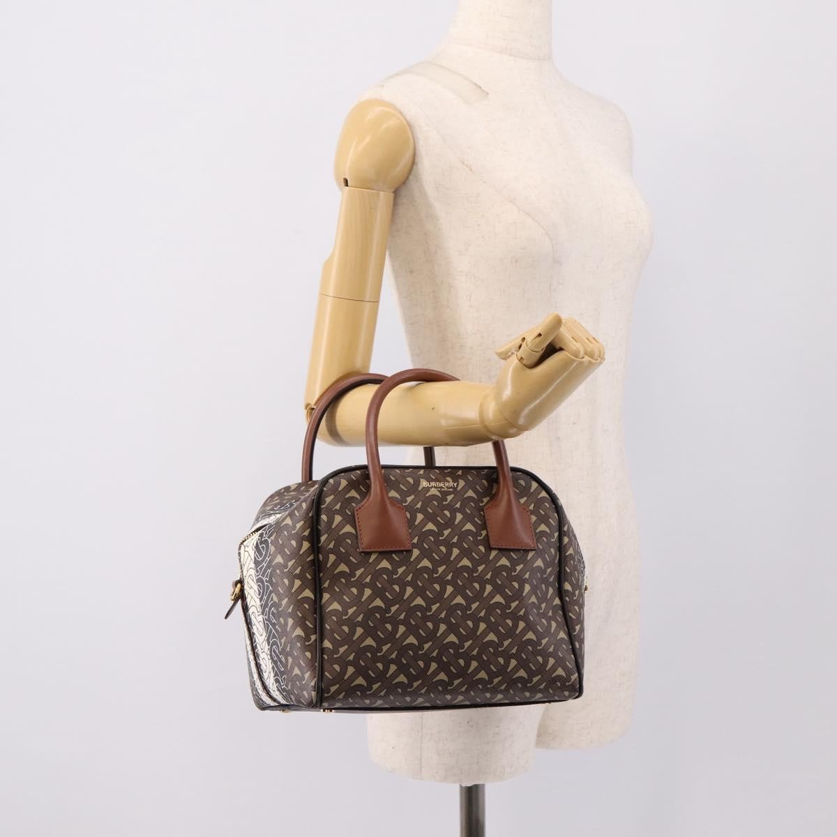 Burberry TB Half Cube Duffle Monogram Embossed Leather, Brown, Canvas, Handbag