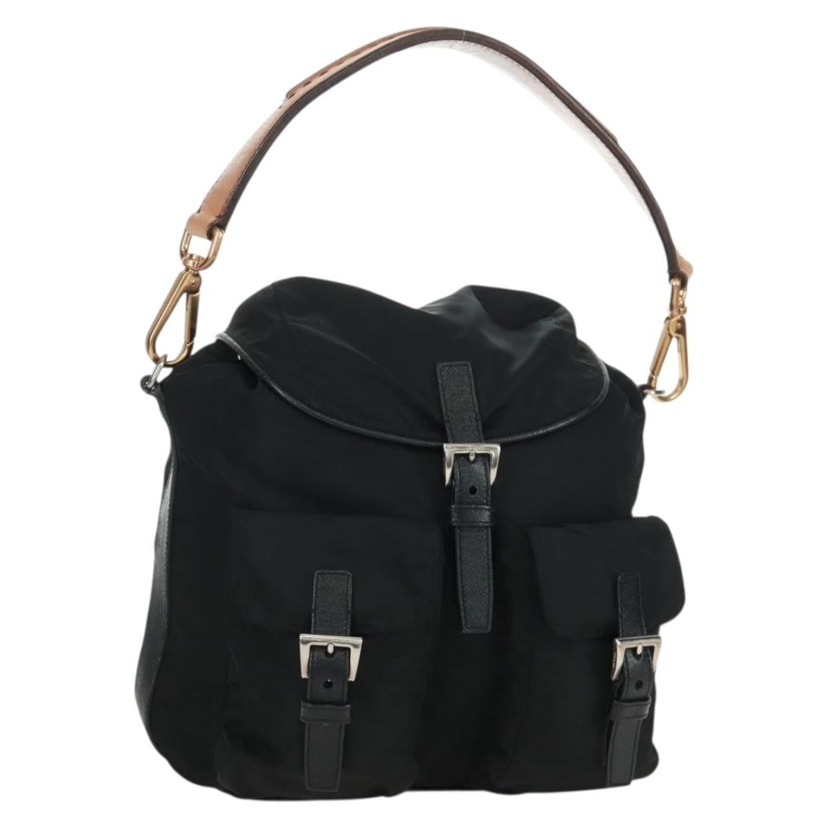Prada Double Pocket Drawstring Tessuto, Black, Nylon, Shoulder Bag