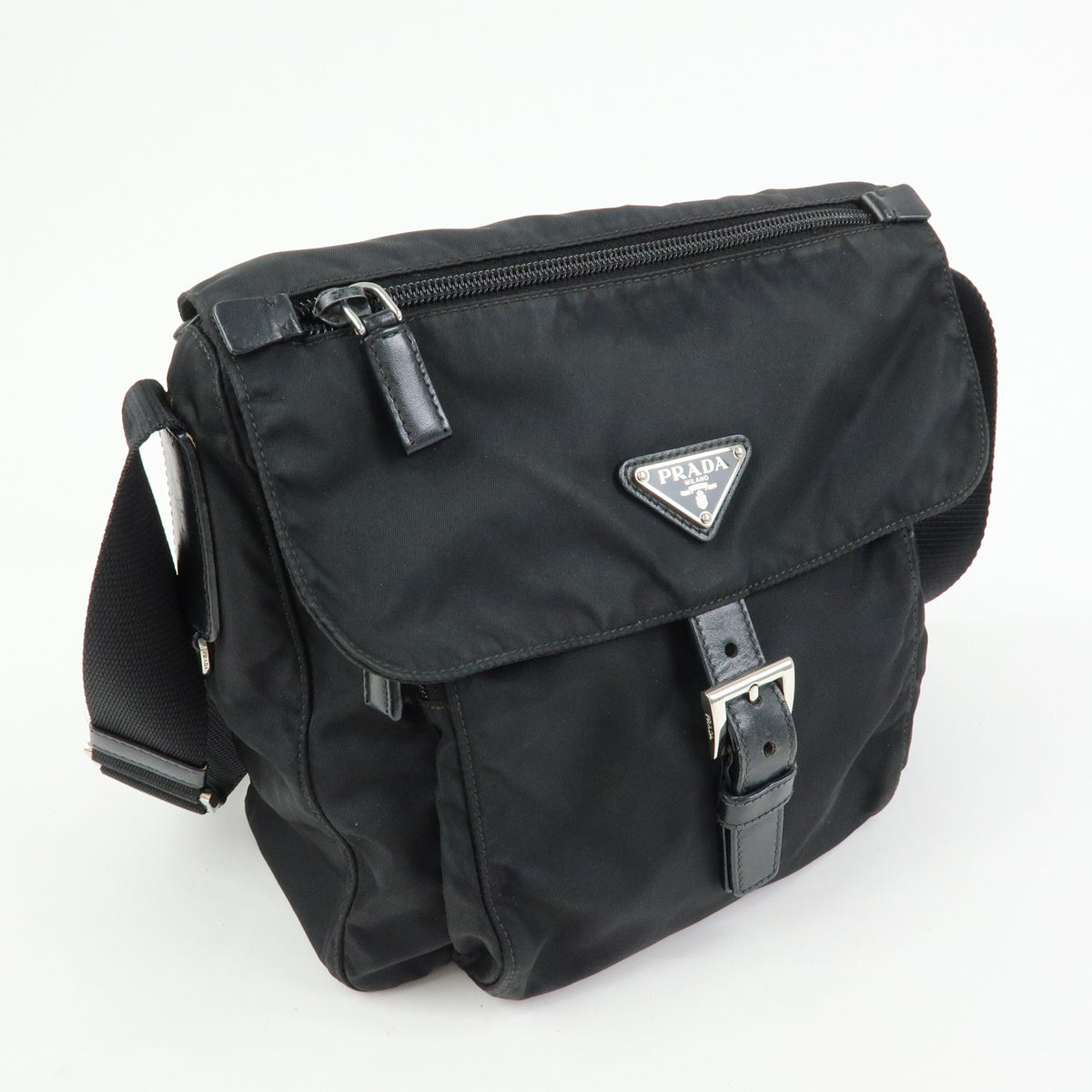 Prada Zip Buckle Messenger Tessuto, Black, Nylon, Handbag